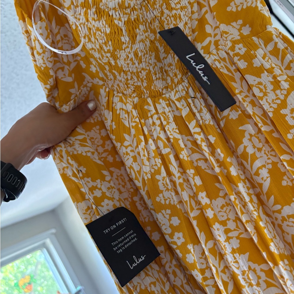 Lulus Catching Sunrays Mustard Yellow Floral Print Midi Dress - Size S - Picture 3 of 4